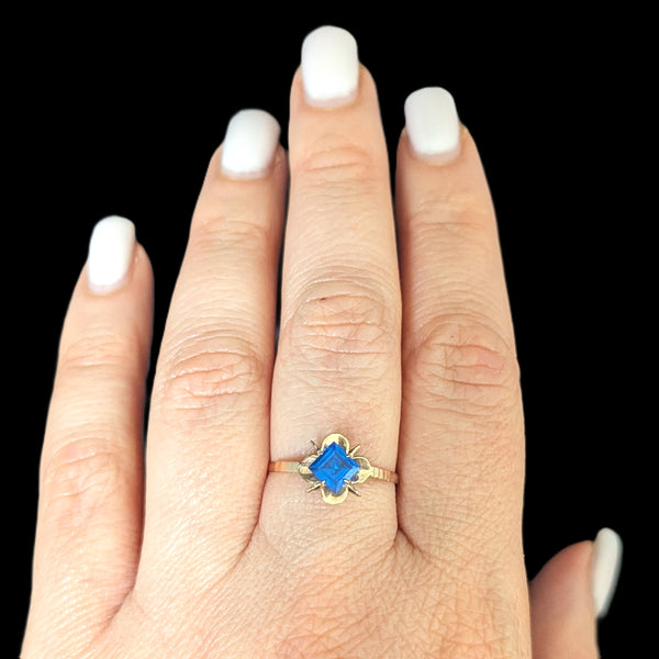 Antique 12-14k Yellow Gold Blue Gemstone Ring Sweetheart Mount Estate Jewelry