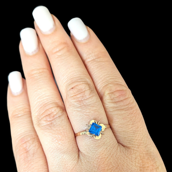 Antique 12-14k Yellow Gold Blue Gemstone Ring Sweetheart Mount Estate Jewelry