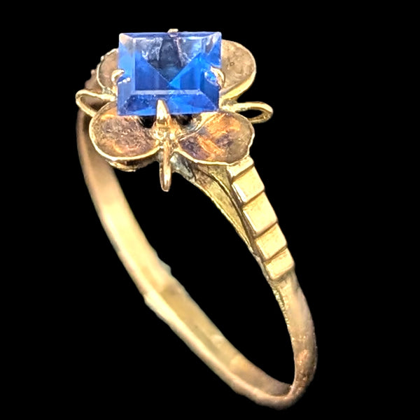 Antique 12-14k Yellow Gold Blue Gemstone Ring Sweetheart Mount Estate Jewelry