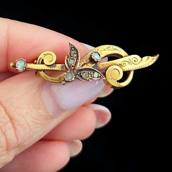 Antique Rose Cut Diamond 14k- 18k Yellow Gold Dagger Brooch Pin Spain 1800s Gift