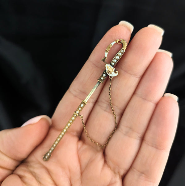 Antique 14k Yellow Gold Pearls Enamel Saber Sword Brooch Jabot Pin Victorian 