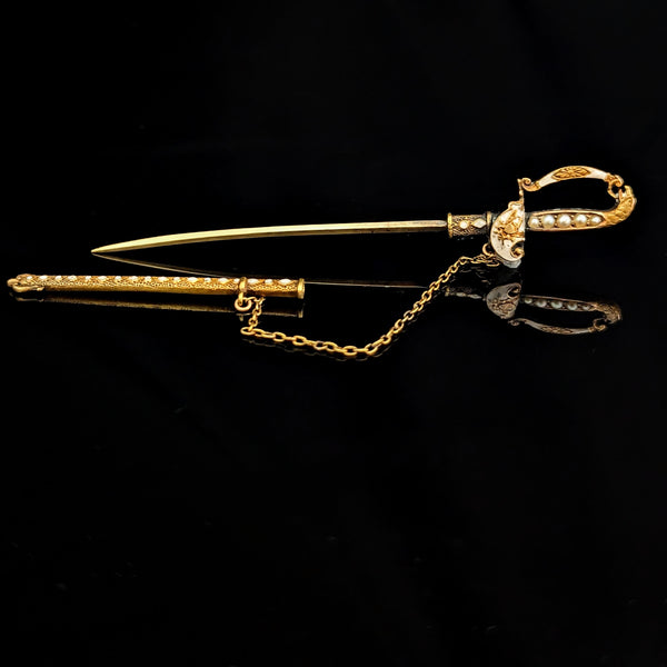 Antique 14k Yellow Gold Pearls Enamel Saber Sword Brooch Jabot Pin Victorian 