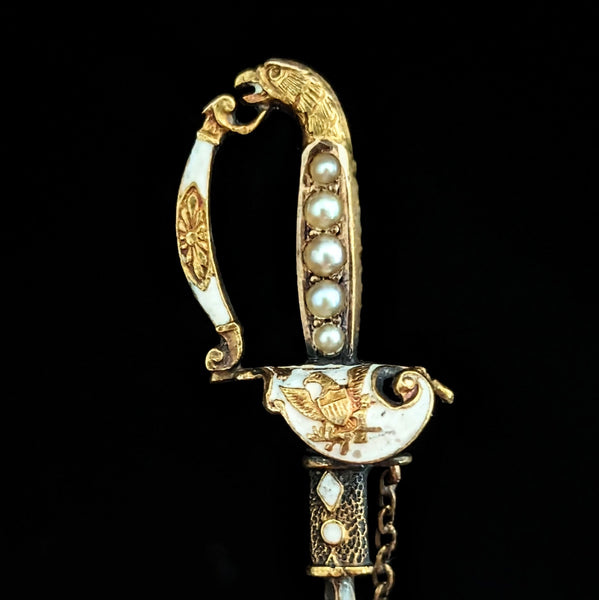 Antique 14k Yellow Gold Pearls Enamel Saber Sword Brooch Jabot Pin Victorian 