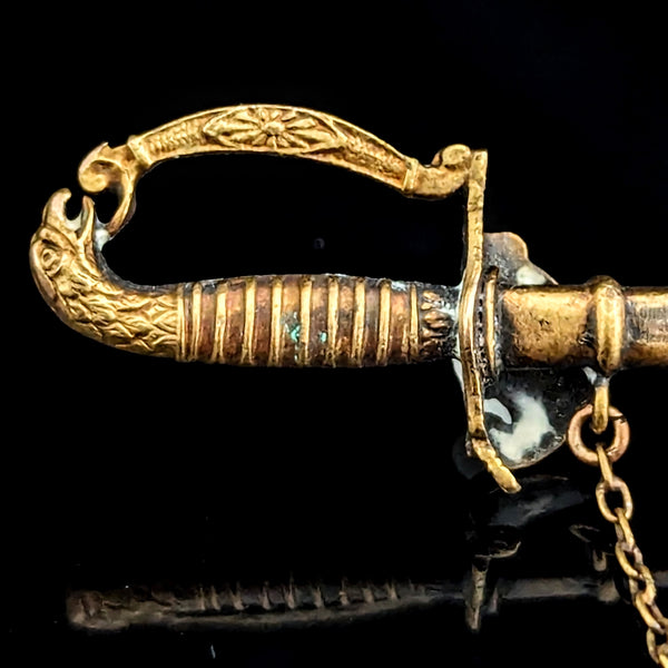 Antique 14k Yellow Gold Pearls Enamel Saber Sword Brooch Jabot Pin Victorian 