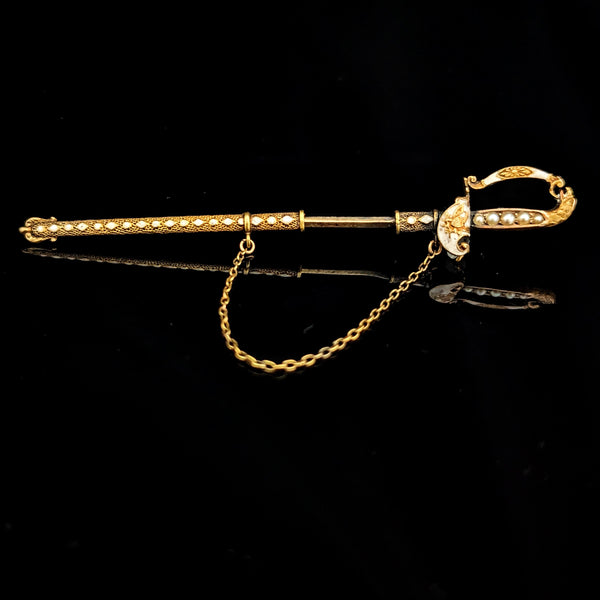 Antique 14k Yellow Gold Pearls Enamel Saber Sword Brooch Jabot Pin Victorian 