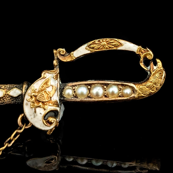 Antique 14k Yellow Gold Pearls Enamel Saber Sword Brooch Jabot Pin Victorian 