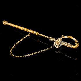 Antique 14k Yellow Gold Pearls Enamel Saber Sword Brooch Jabot Pin Victorian 