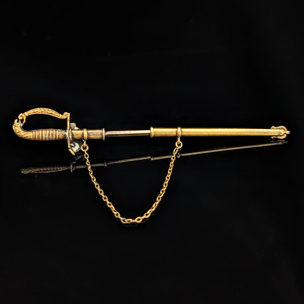 Antique 14k Yellow Gold Pearls Enamel Saber Sword Brooch Jabot Pin Victorian 