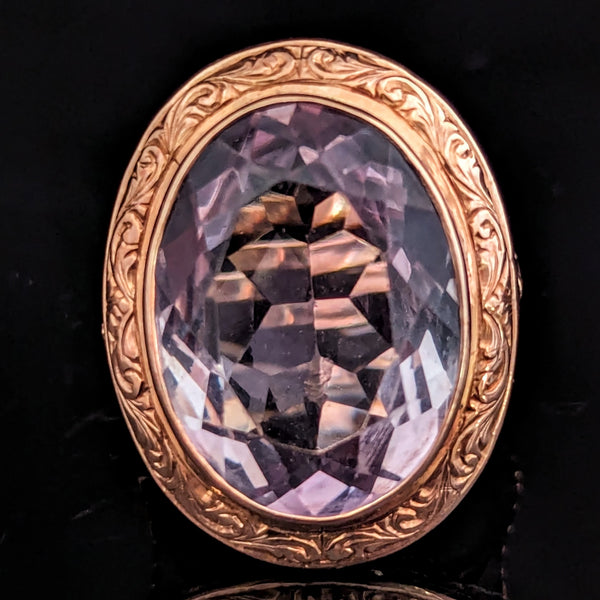 Antique Amethyst 10-14k Rose Gold Cocktail Ring Foliate Goldwork Carving Estate