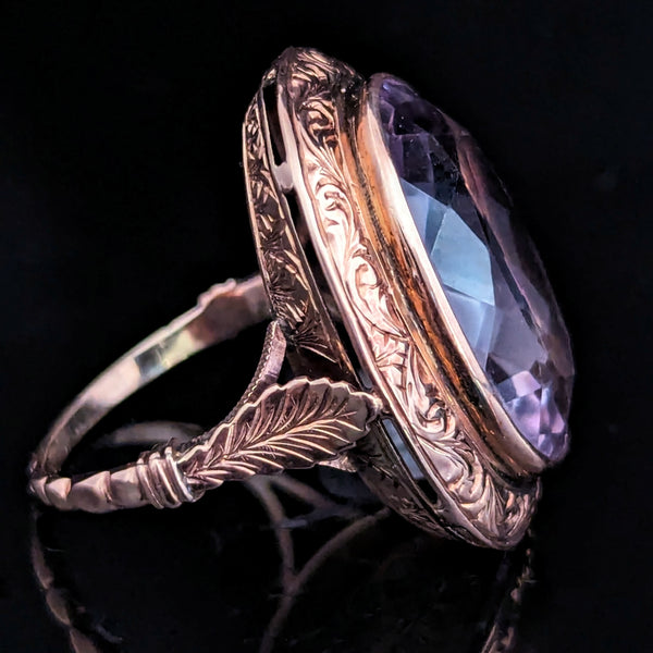 Antique Amethyst 10-14k Rose Gold Cocktail Ring Foliate Goldwork Carving Estate