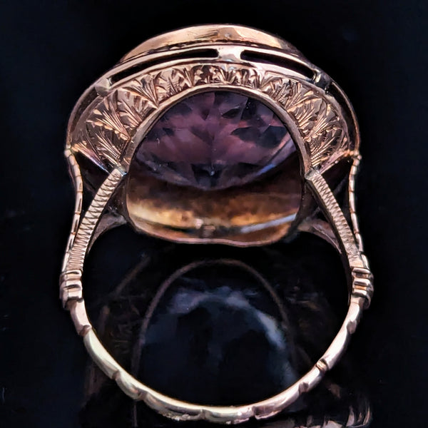 Antique Amethyst 10-14k Rose Gold Cocktail Ring Foliate Goldwork Carving Estate