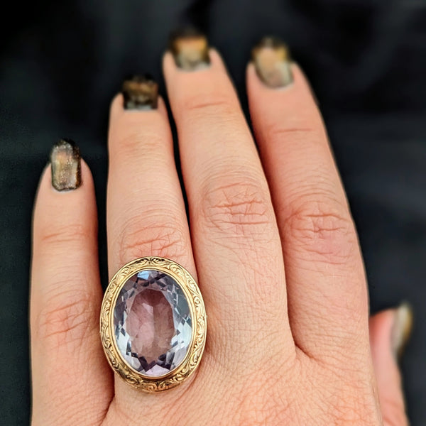 Antique Amethyst 10-14k Rose Gold Cocktail Ring Foliate Goldwork Carving Estate