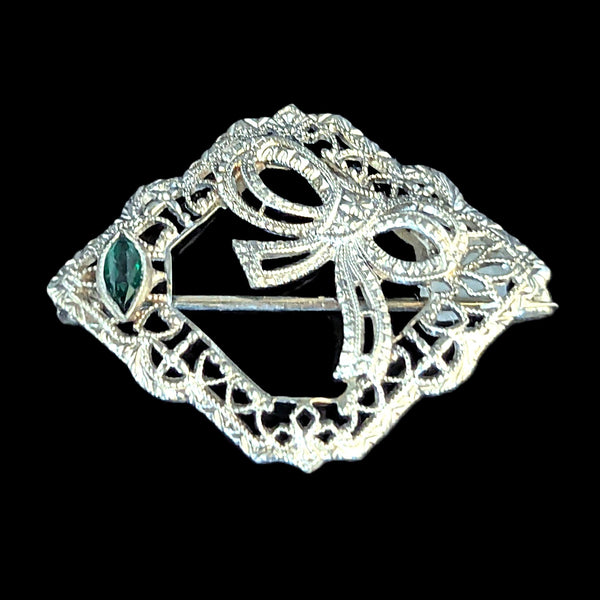 Ellery - Art Deco 10k White Gold Filigree Paste Bow Brooch