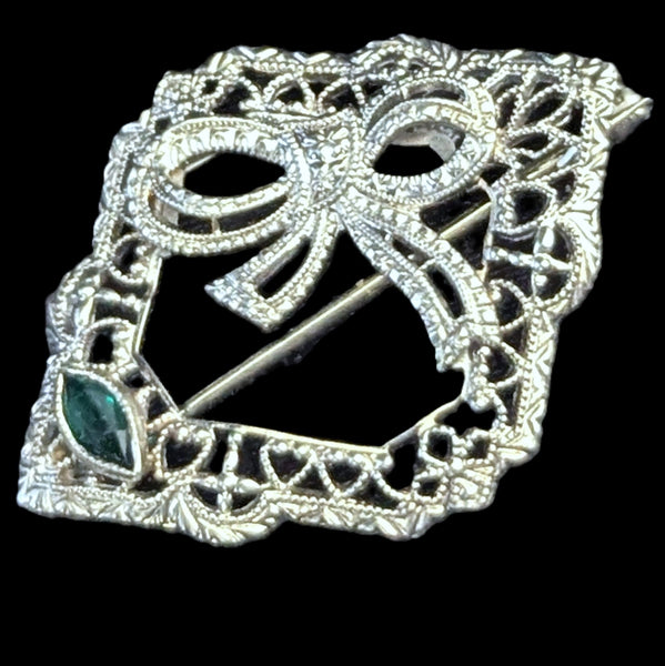 Ellery - Art Deco 10k White Gold Filigree Paste Bow Brooch
