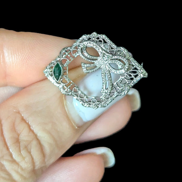 Ellery - Art Deco 10k White Gold Filigree Paste Bow Brooch