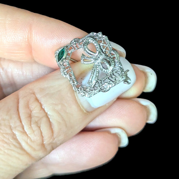 Ellery - Art Deco 10k White Gold Filigree Paste Bow Brooch