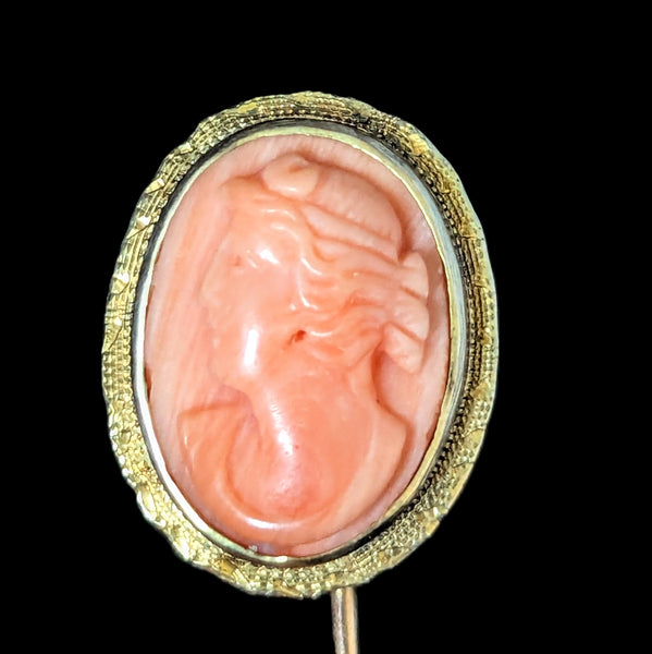 Antique Carved Coral Cameo 10k Yellow Gold Stick Pin Victorian Estate Lapel