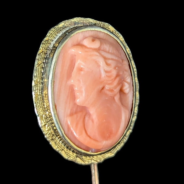 Antique Carved Coral Cameo 10k Yellow Gold Stick Pin Victorian Estate Lapel
