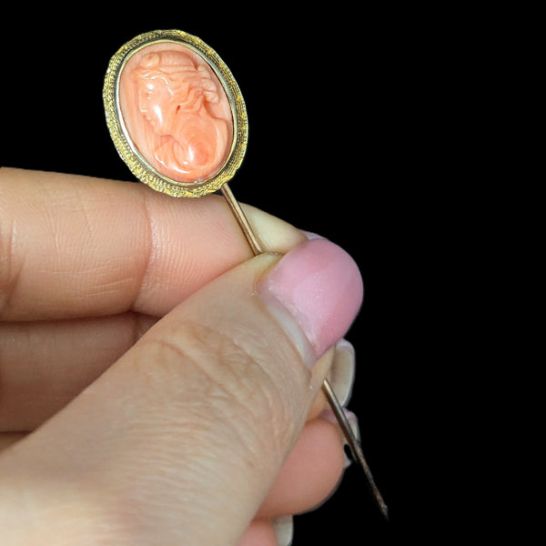 Antique Carved Coral Cameo 10k Yellow Gold Stick Pin Victorian Estate Lapel