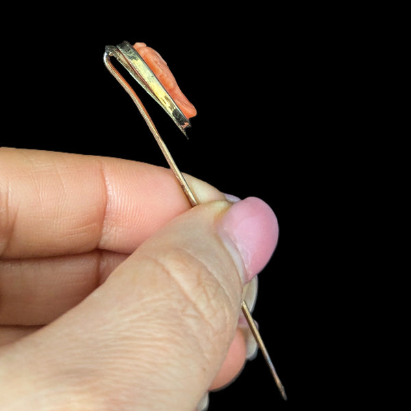 Antique Carved Coral Cameo 10k Yellow Gold Stick Pin Victorian Estate Lapel