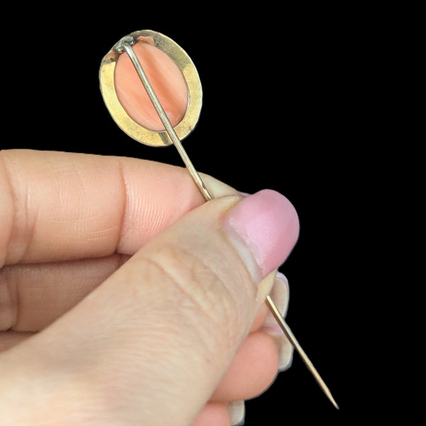 Antique Carved Coral Cameo 10k Yellow Gold Stick Pin Victorian Estate Lapel
