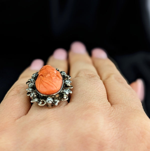 Antique Carved Coral Cameo Diamonds 14k Yellow Gold Cocktail Ring Victorian Gift