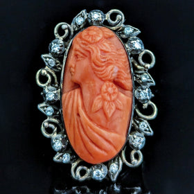 Antique Carved Coral Cameo Diamonds 14k Yellow Gold Cocktail Ring Victorian Gift