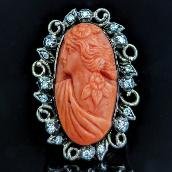 Antique Carved Coral Cameo Diamonds 14k Yellow Gold Cocktail Ring Victorian Gift