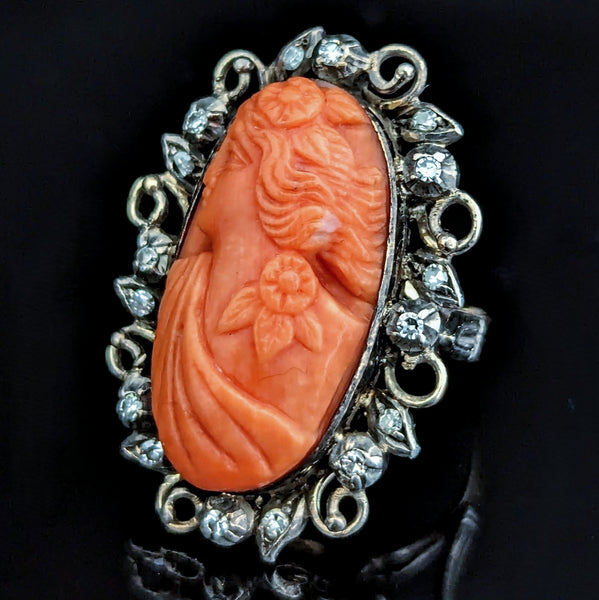 Antique Carved Coral Cameo Diamonds 14k Yellow Gold Cocktail Ring Victorian Gift