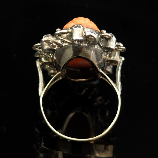 Antique Carved Coral Cameo Diamonds 14k Yellow Gold Cocktail Ring Victorian Gift