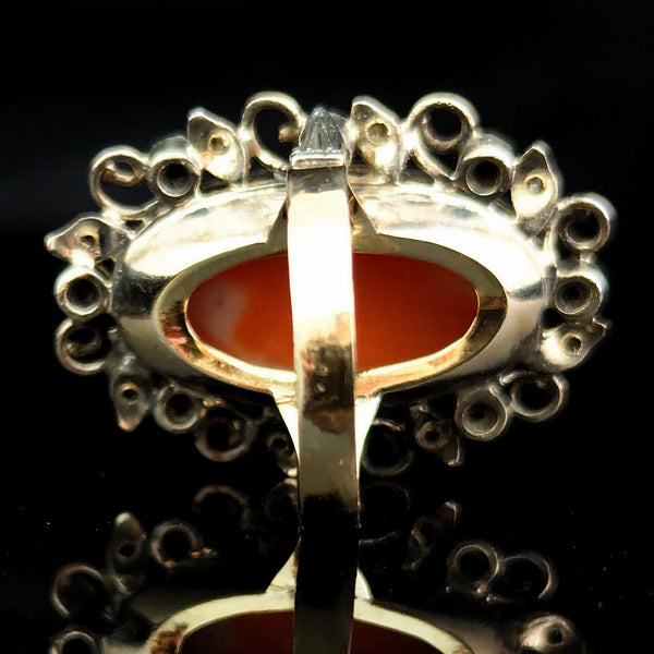 Antique Carved Coral Cameo Diamonds 14k Yellow Gold Cocktail Ring Victorian Gift