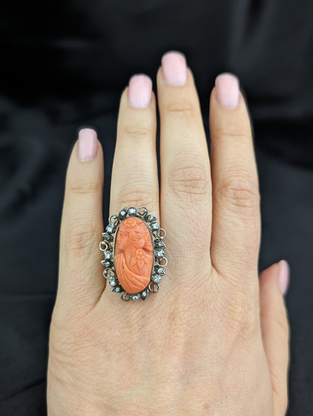 Antique Carved Coral Cameo Diamonds 14k Yellow Gold Cocktail Ring Victorian Gift
