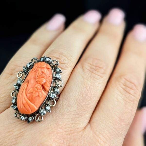 Antique Carved Coral Cameo Diamonds 14k Yellow Gold Cocktail Ring Victorian Gift