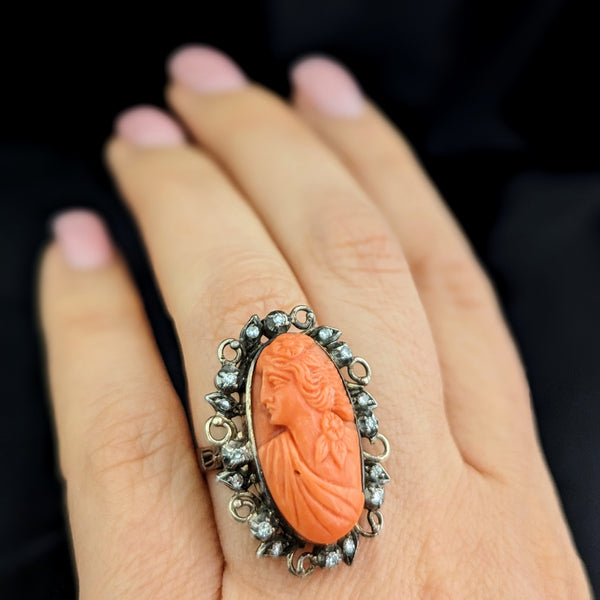 Antique Carved Coral Cameo Diamonds 14k Yellow Gold Cocktail Ring Victorian Gift