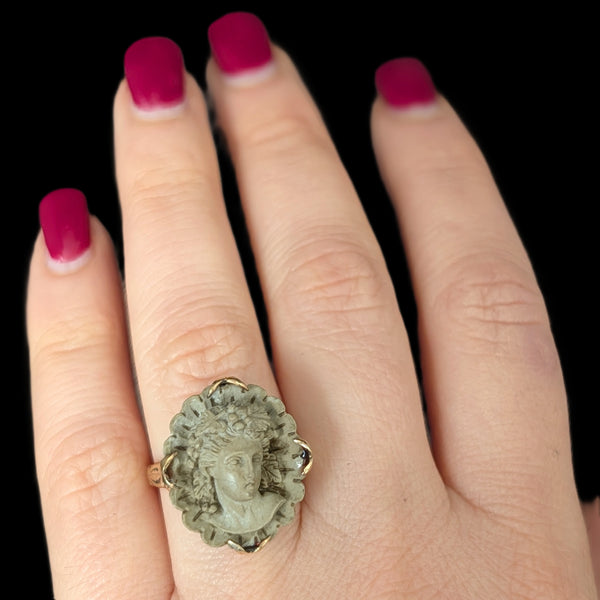 Antique Carved Lava High Relief Cameo 14k Yellow Gold Cocktail Ring Victorian