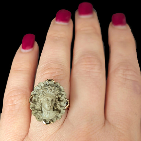 Antique Carved Lava High Relief Cameo 14k Yellow Gold Cocktail Ring Victorian
