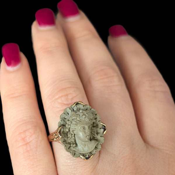 Antique Carved Lava High Relief Cameo 14k Yellow Gold Cocktail Ring Victorian