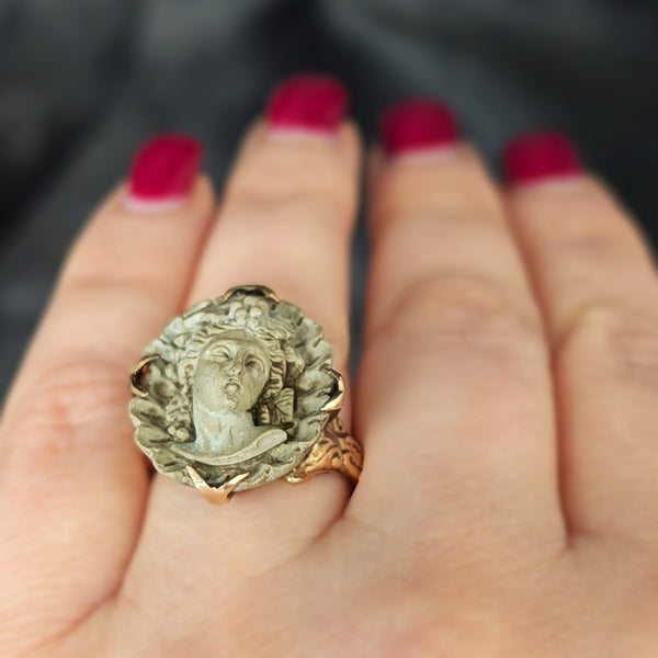 Antique Carved Lava High Relief Cameo 14k Yellow Gold Cocktail Ring Victorian
