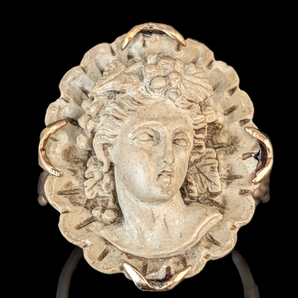 Antique Carved Lava High Relief Cameo 14k Yellow Gold Cocktail Ring Victorian