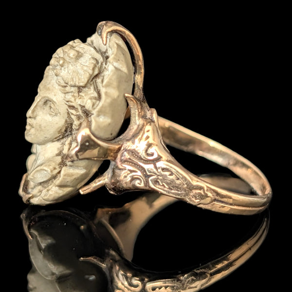 Antique Carved Lava High Relief Cameo 14k Yellow Gold Cocktail Ring Victorian