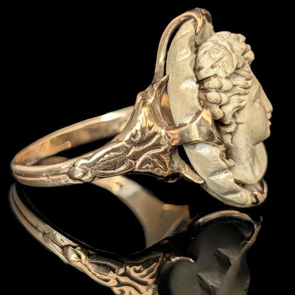 Antique Carved Lava High Relief Cameo 14k Yellow Gold Cocktail Ring Victorian