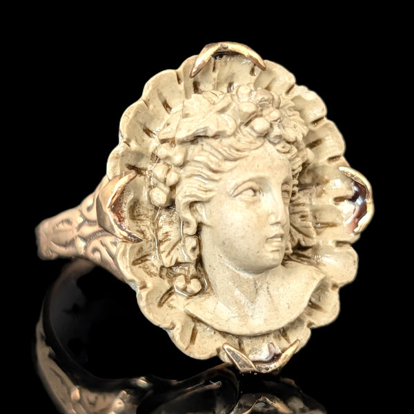 Antique Carved Lava High Relief Cameo 14k Yellow Gold Cocktail Ring Victorian