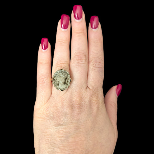 Antique Carved Lava High Relief Cameo 14k Yellow Gold Cocktail Ring Victorian