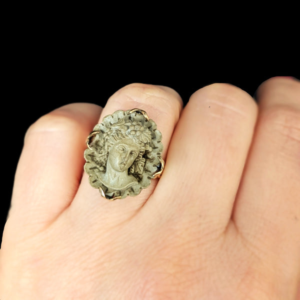 Antique Carved Lava High Relief Cameo 14k Yellow Gold Cocktail Ring Victorian