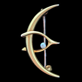 Antique Crescent Moon Wishbone Pearl 10k Yellow Gold Brooch Pin Art Nouveau Gift 