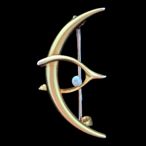 Antique Crescent Moon Wishbone Pearl 10k Yellow Gold Brooch Pin Art Nouveau Gift 
