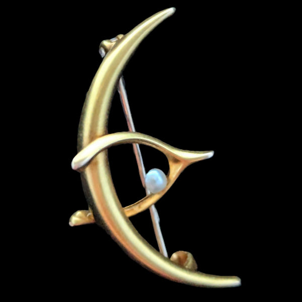 Antique Crescent Moon Wishbone Pearl 10k Yellow Gold Brooch Pin Art Nouveau Gift 