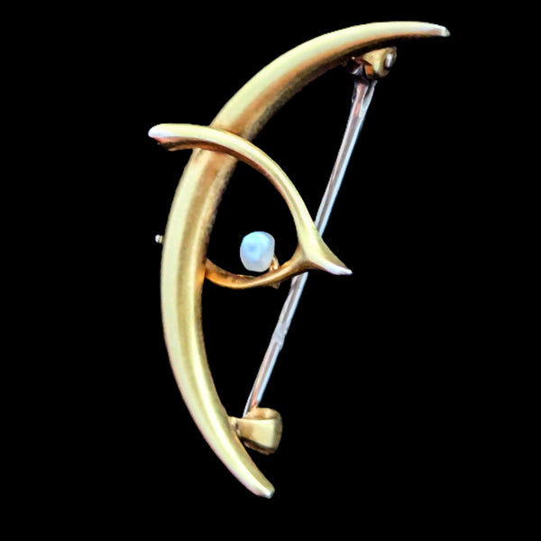 Antique Crescent Moon Wishbone Pearl 10k Yellow Gold Brooch Pin Art Nouveau Gift 
