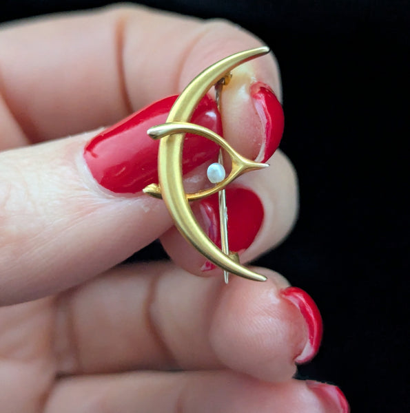 Antique Crescent Moon Wishbone Pearl 10k Yellow Gold Brooch Pin Art Nouveau Gift 