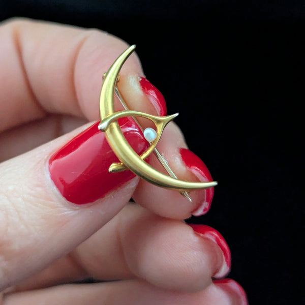 Antique Crescent Moon Wishbone Pearl 10k Yellow Gold Brooch Pin Art Nouveau Gift 